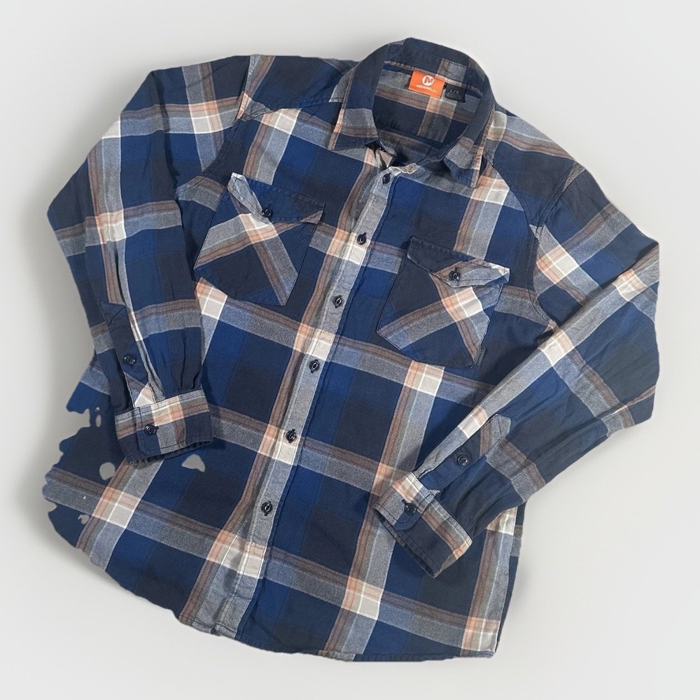 Merrell Shirt Mens Extra Large Blue Plaid Flannel Button Up Pockets Outdoor Camp